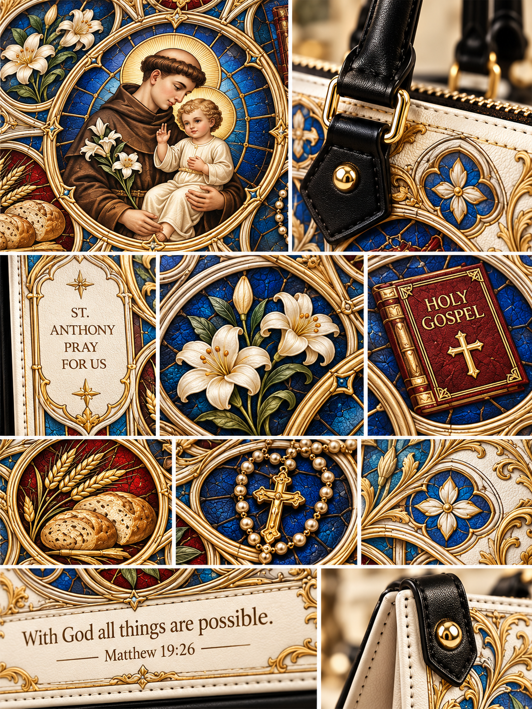 A collage of close-up views showing a decorative religious handbag or pouch with ornate printed panels, including Saint Anthony prayer text, lilies, a Holy Gospel book, bread, beads, a cross, and gold-tone hardware on a cream and blue patterned surface.