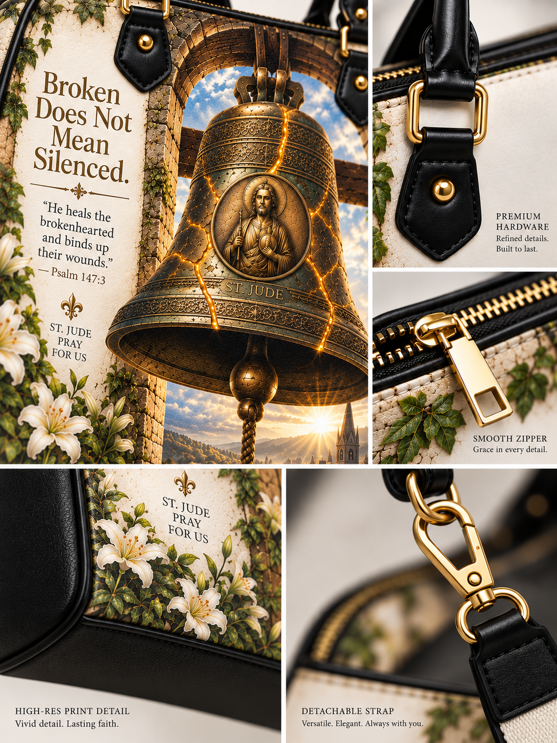 A collage showing a St. Jude-themed handbag in multiple detail views.