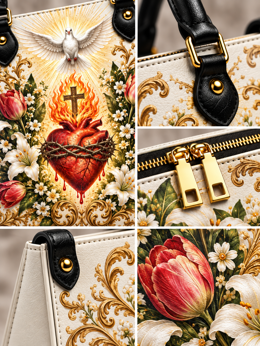 A cream-colored handbag with a highly detailed, colorful religious graphic print featuring a burning heart, doves, and flowers, shown in a four-panel detail collage highlighting its gold hardware, leather strap, and ornate pattern.