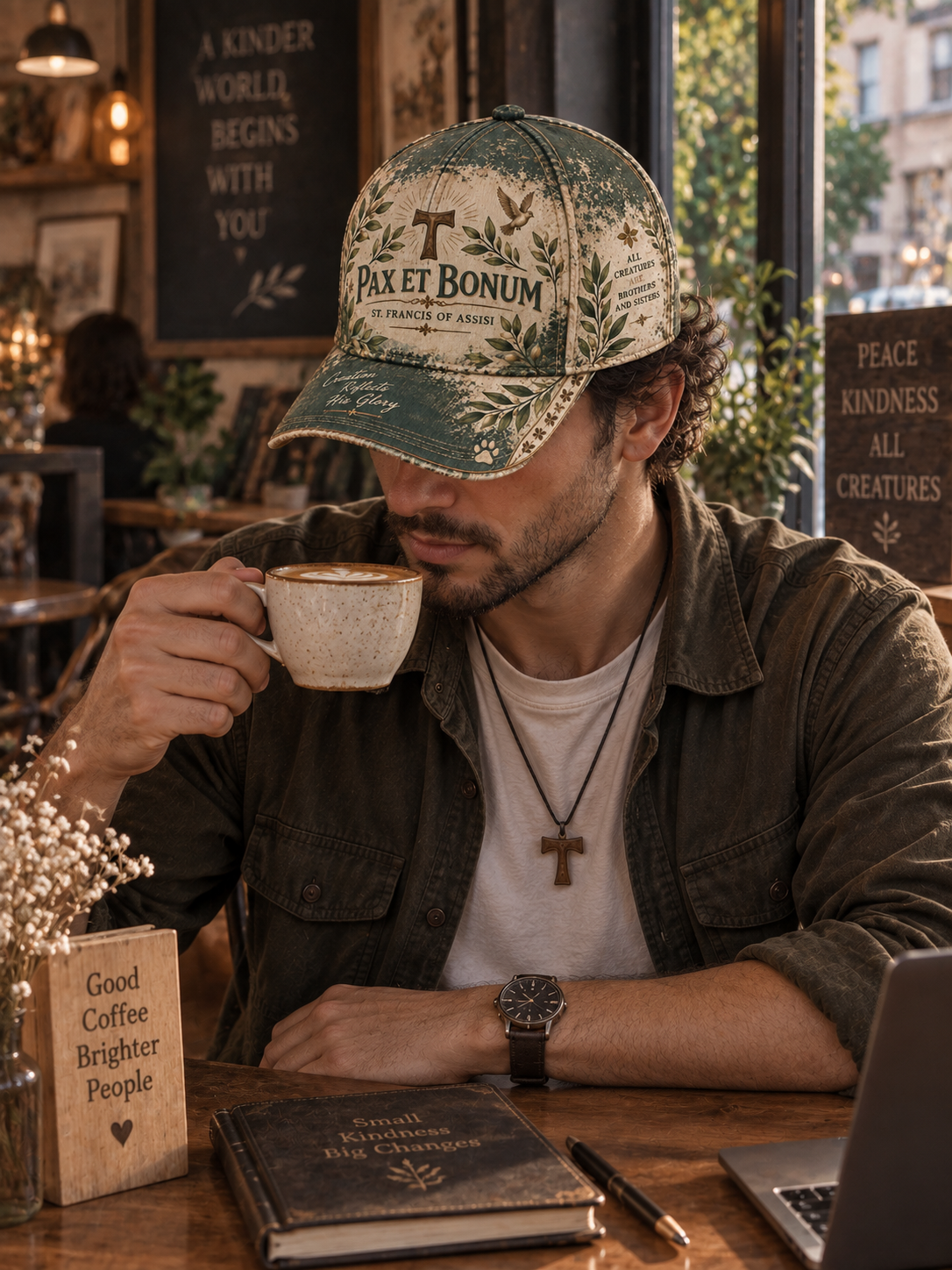 A distressed baseball cap with a vintage-style print featuring 'Pax Et Bonum' and 'St. Francis of Assisi' on the front, decorated with olive green laurel wreaths, a dove, and a cross on a beige background.