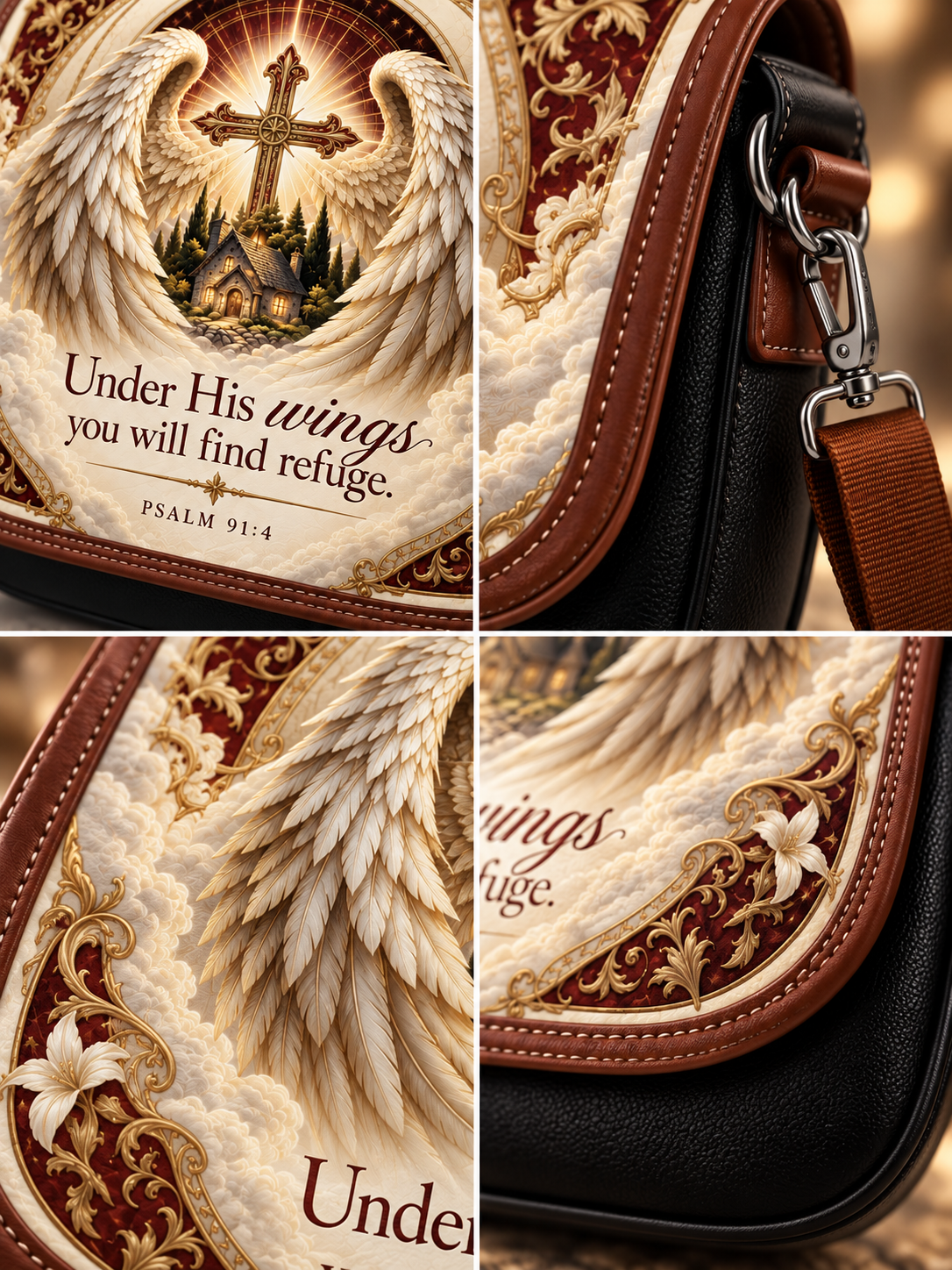 A four-panel close-up collage of a shoulder bag featuring a large angel wing design, a cross, a small church, the text 'Under His wings you will find refuge. PSALM 91:4', brown trim, and black material with a brown strap and metal clasp.