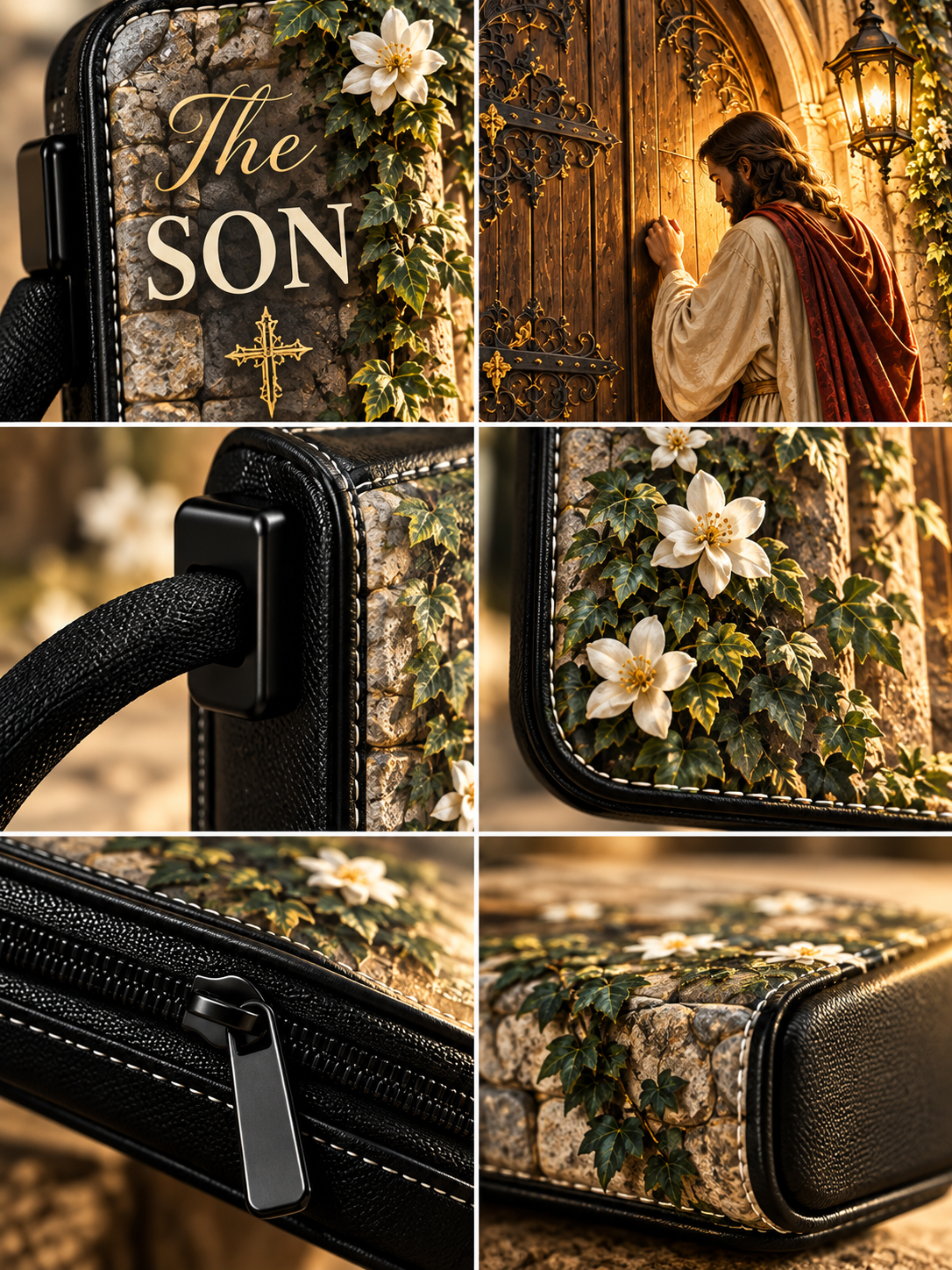 A collage of six panels showing a black leather-bound book or case with a decorative printed cover featuring stone texture, green ivy, white flowers, and the words “The SON” with a gold cross. The top-right panel shows a man standing before a glowing wooden door, while the other panels are close-ups of the product’s handle, zipper, and cover design.
