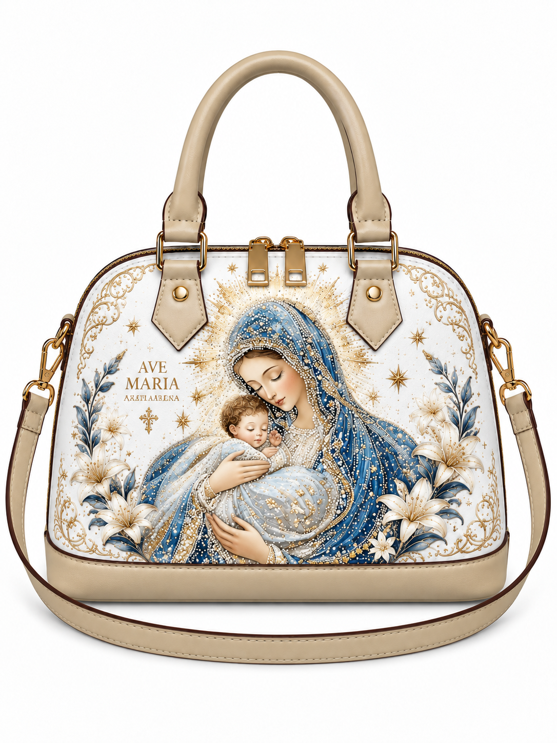 A structured dome handbag with a beige leather handle and shoulder strap, featuring a detailed front print of the Virgin Mary holding baby Jesus with the text 'AVE MARIA MARY LARKA' and gold floral accents.