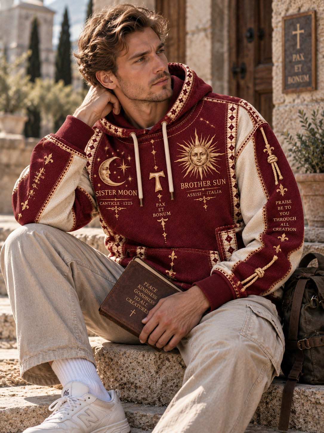 A pullover hoodie with a deep burgundy and beige color scheme, decorated with celestial graphics including a crescent moon, stars, a sun, and text reading 'Sister Moon' and 'Brother Sun'.