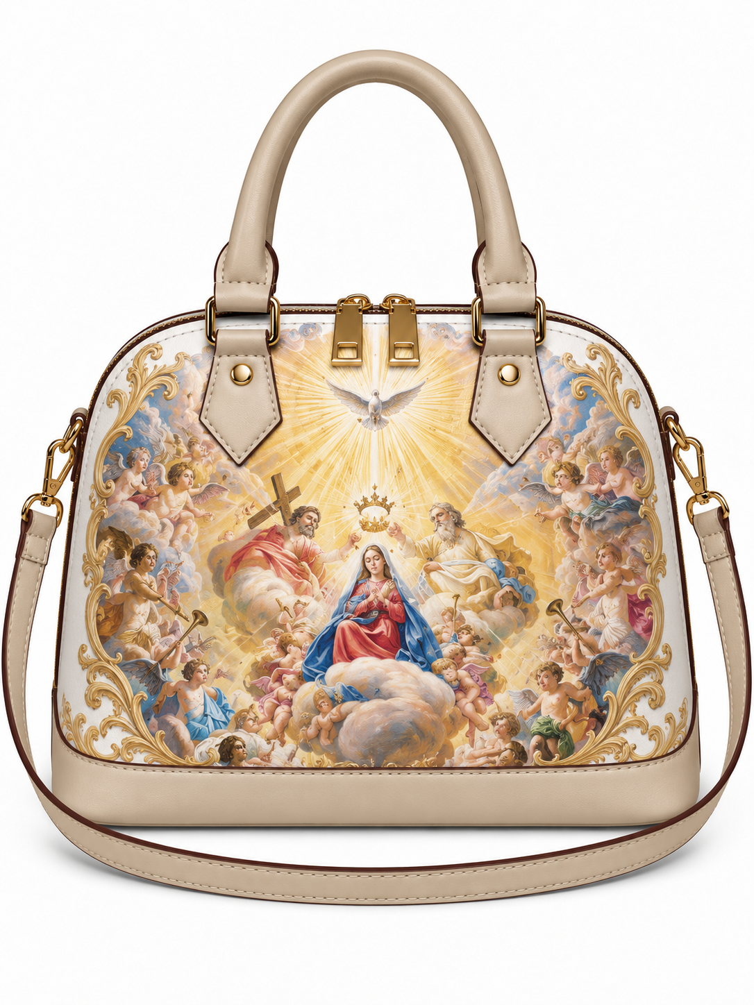 A structured dome handbag with beige leather handles and trim, featuring a large, detailed religious painting of the Virgin Mary and angels printed across the front panel, with gold-tone hardware.