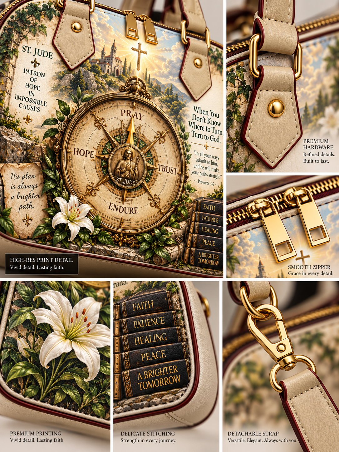 A collage showing a decorative tote bag with a vintage-style printed design featuring a compass, lily flower, books, and scripture text, plus close-up detail shots of hardware, zipper, stitching, and detachable strap.