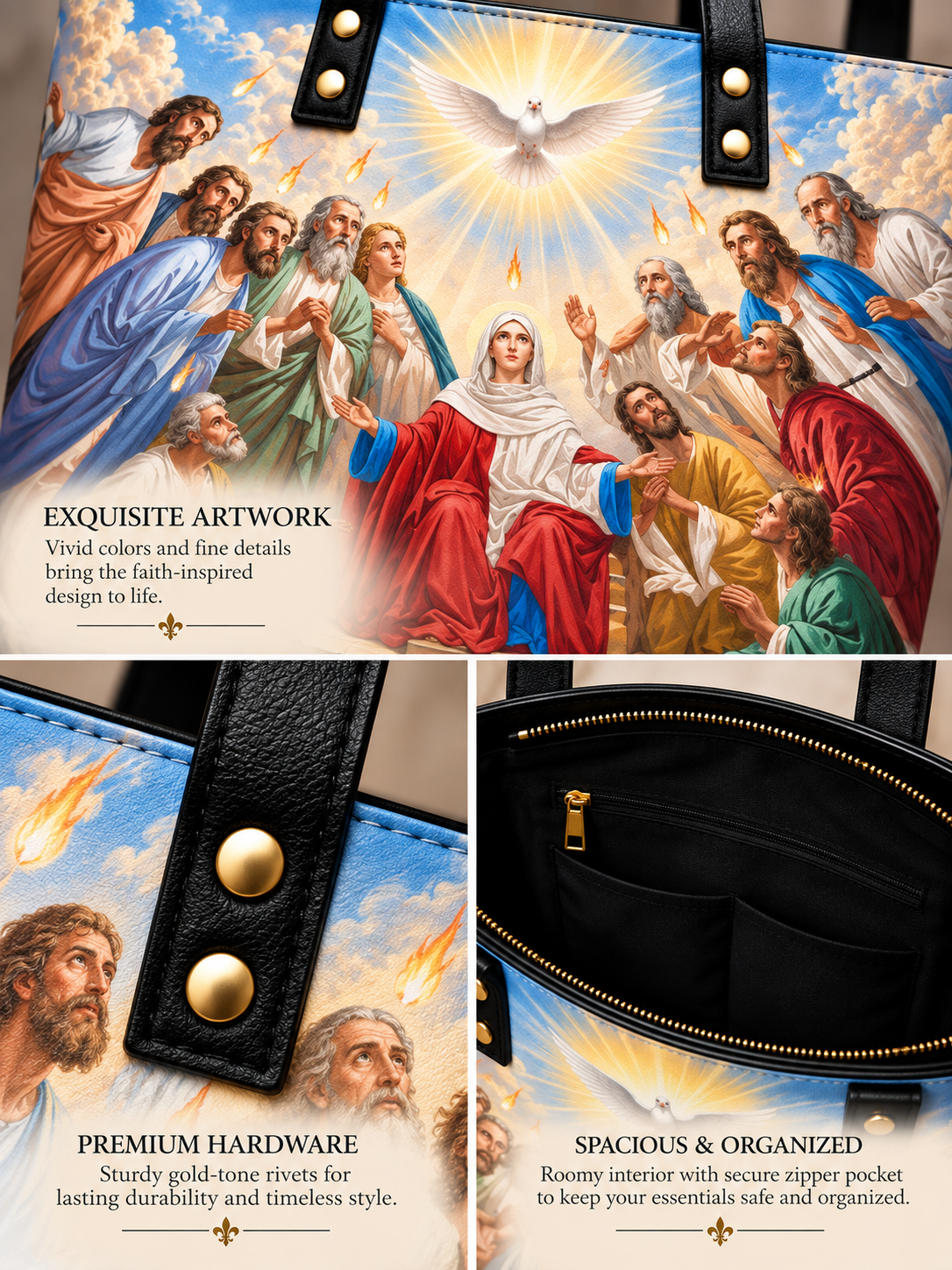 A tote bag featuring a vibrant religious artwork print of the Holy Family and surrounding figures, shown in a three-panel collage highlighting the exterior design, hardware details, and spacious black interior pocket.