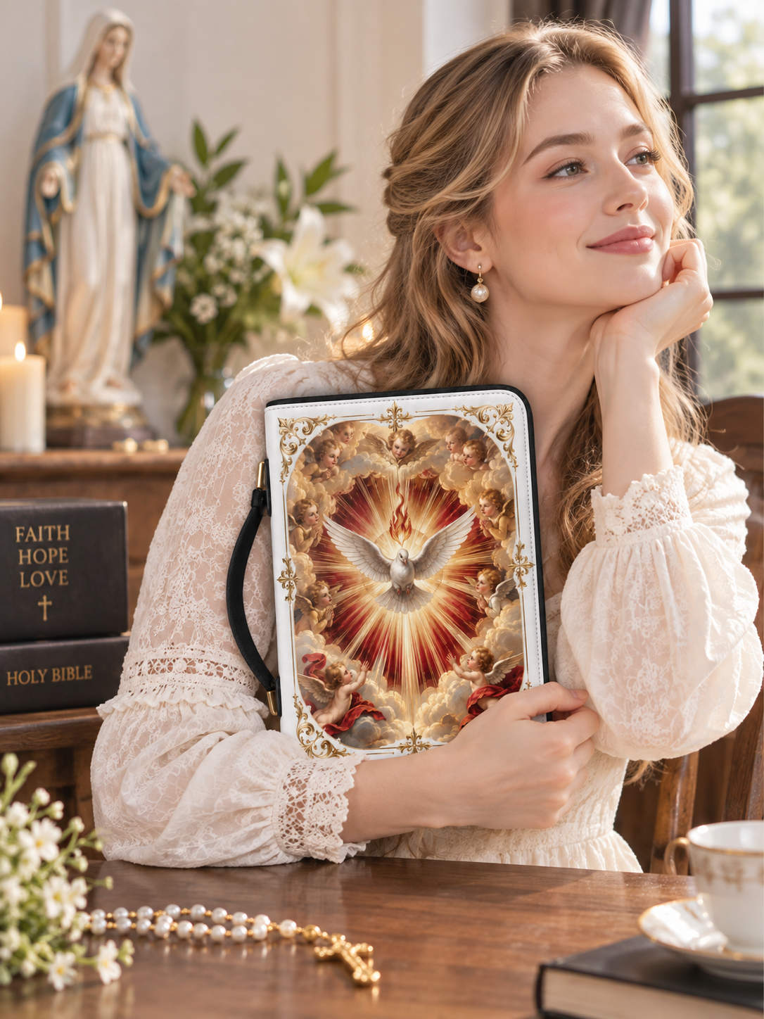 A woman in a cream lace blouse holds a decorative tablet or book cover featuring a white dove over a radiant red, gold, and white religious design. The setting is a warm, softly lit interior with a statue, books, flowers, and a teacup in the background.