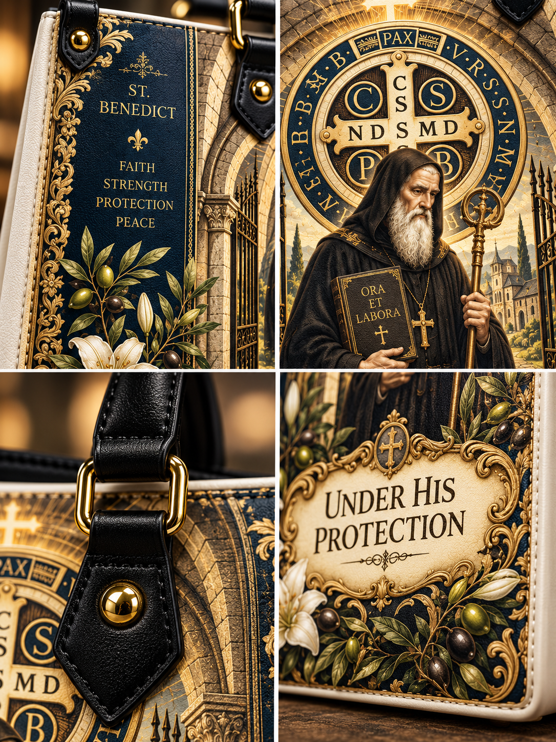 St. Benedict Under His Protection Leather Tote Bag