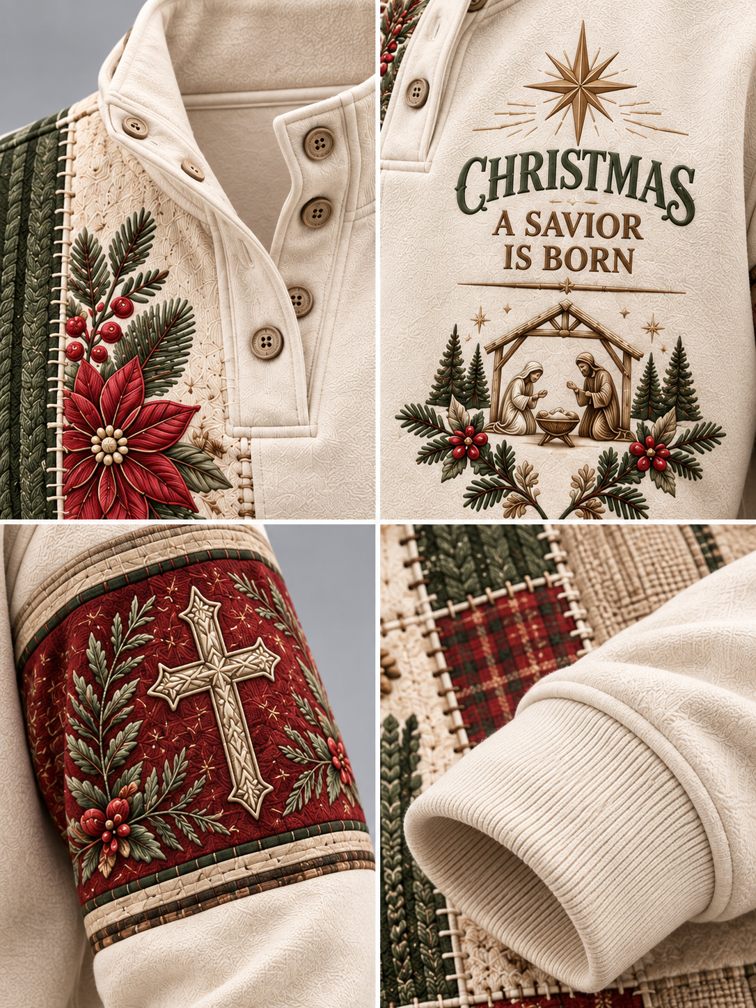 A four-panel close-up collage of a cream-colored Christmas-themed pullover top, showing embroidered floral and nativity details, a red cuff with a gold cross motif, a plaid patchwork section, and the text 'CHRISTMAS A SAVIOR IS BORN' on the chest.