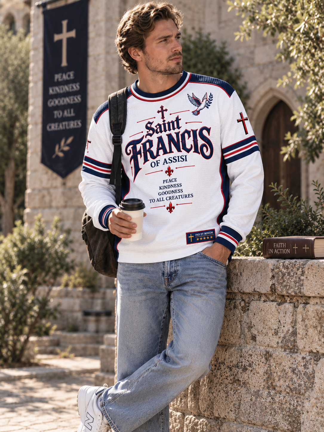 Front and back views of a white long-sleeve Saint Francis of Assisi sports jersey with navy and red accents, featuring the name 'Saint Francis of Assisi', cross motifs, and the number '01' on a light gray background.