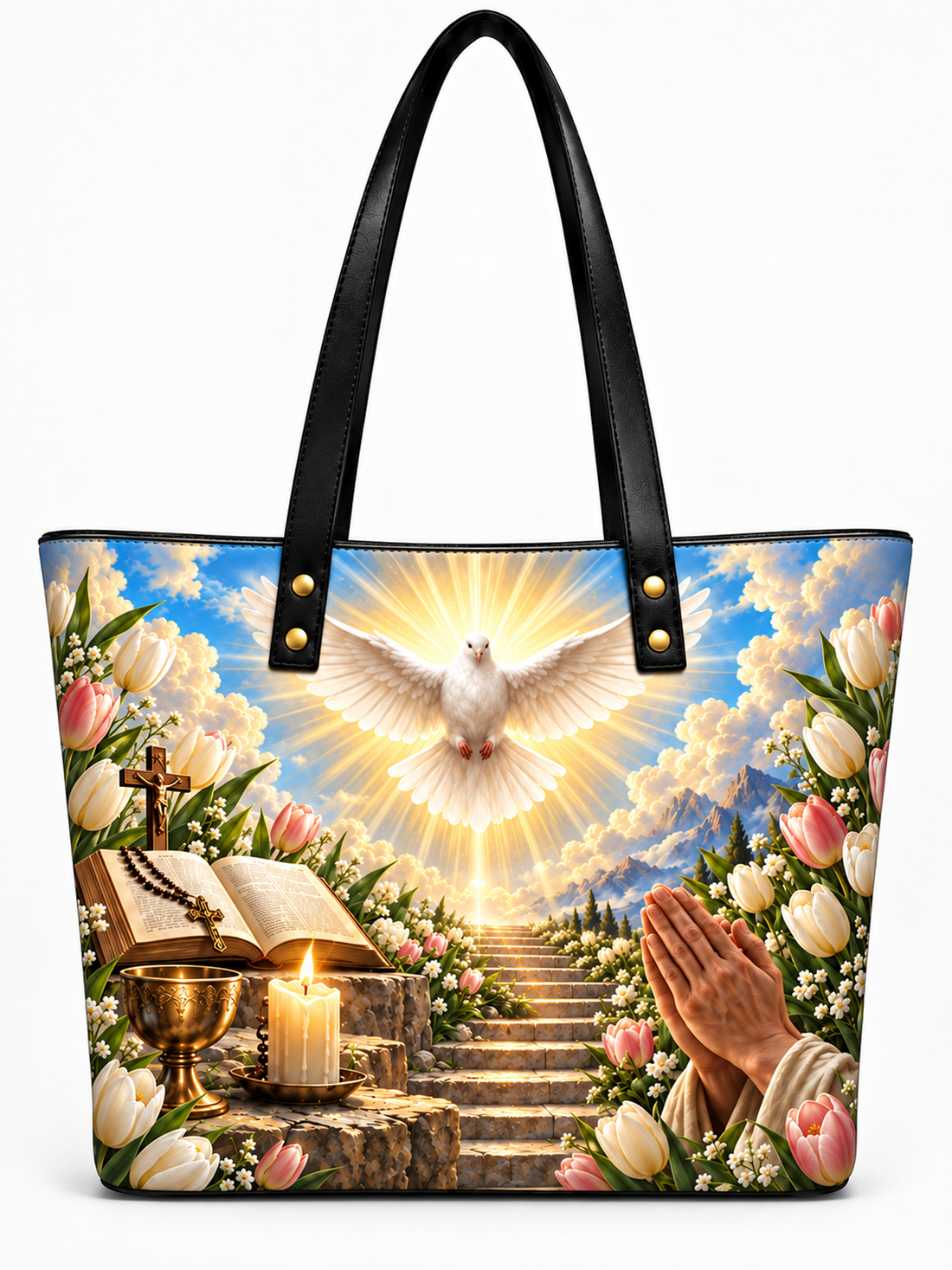 A black tote bag with a large, colorful religious graphic print. The print features a white dove of light in a bright blue sky, shining steps, a glowing candle, an open holy book, a gold chalice, and praying hands framed by pink and white tulips.