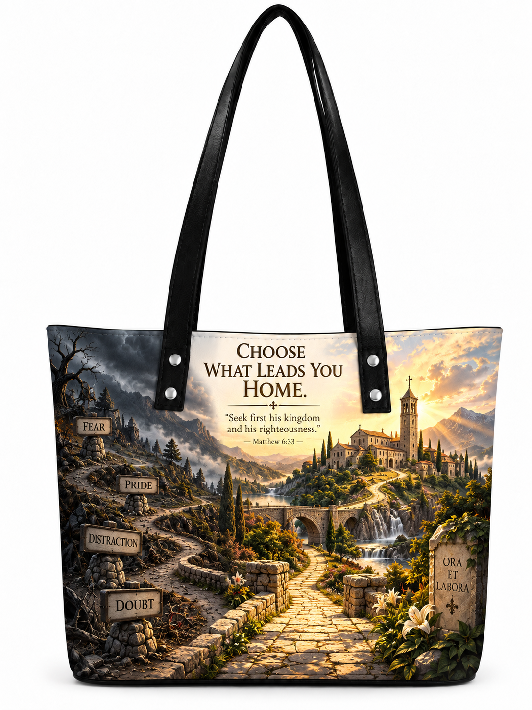 A black tote bag featuring a detailed landscape print with a stone pathway leading to a castle, surrounded by text and scripture, photographed on a white background.