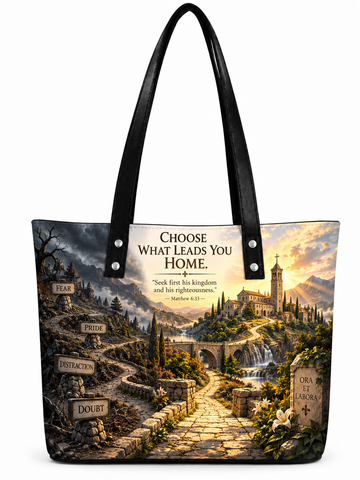 A black tote bag featuring a detailed landscape print with a stone pathway leading to a castle, surrounded by text and scripture, photographed on a white background.