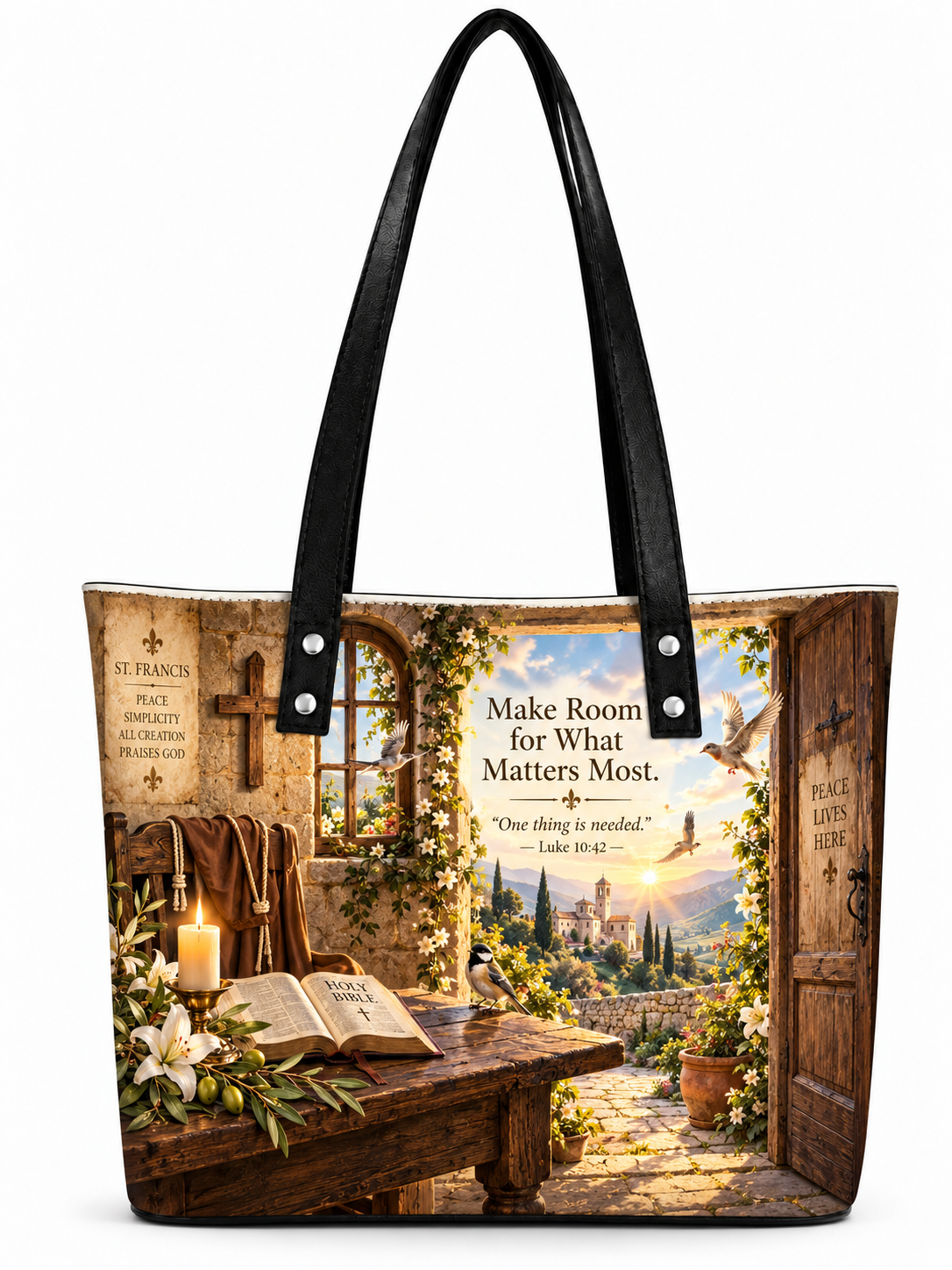 A tote bag with black shoulder straps, featuring a detailed scenic print of a rustic stone altar with an open Bible, candles, flowers, and a garden view. The print includes the text 'Make Room for What Matters Most.