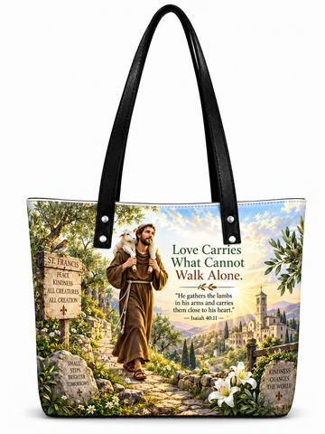 A tote bag featuring a detailed religious illustration of Saint Francis carrying a white lamb on his shoulders, walking along a stone path with a signpost reading 'ST. FRANCIS KINDNESS ALL CREATORS ALL CREATION'.