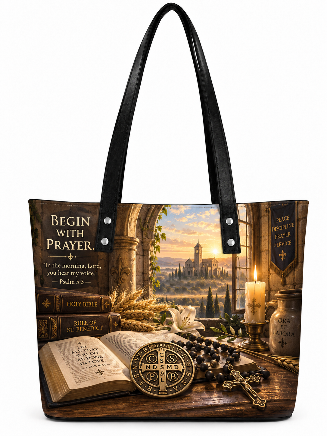 A black shoulder tote bag with a detailed religious and biblical scene printed on the front, featuring an open Bible, rosary, candle, wheat, and a scenic window view. The bag has black handles and silver snap buttons.