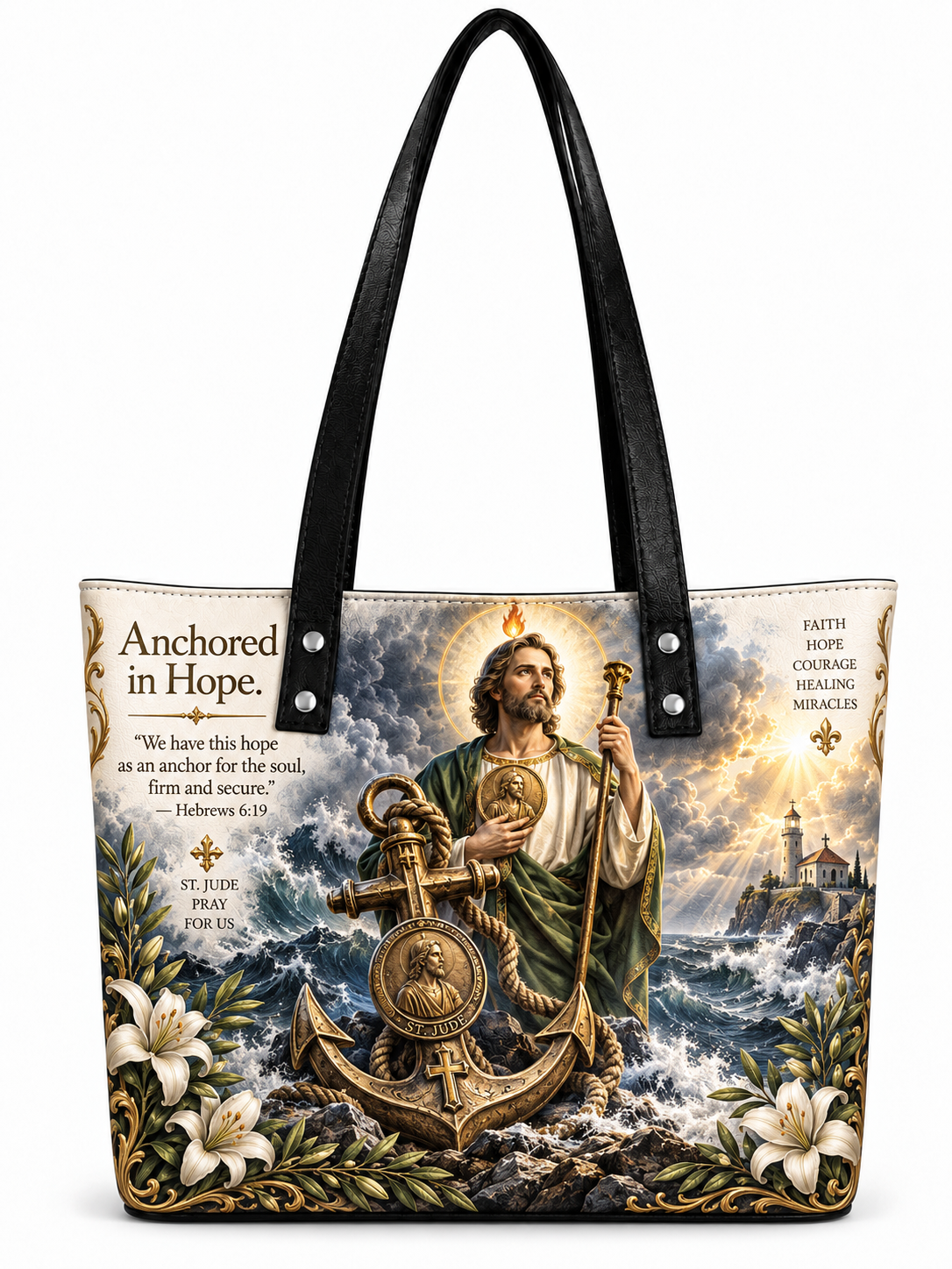A tote bag with black handles and a detailed religious illustration featuring Saint Christopher on a ship's wheel and anchor, with the text 'Anchored in Hope' and Bible verses on a white background.