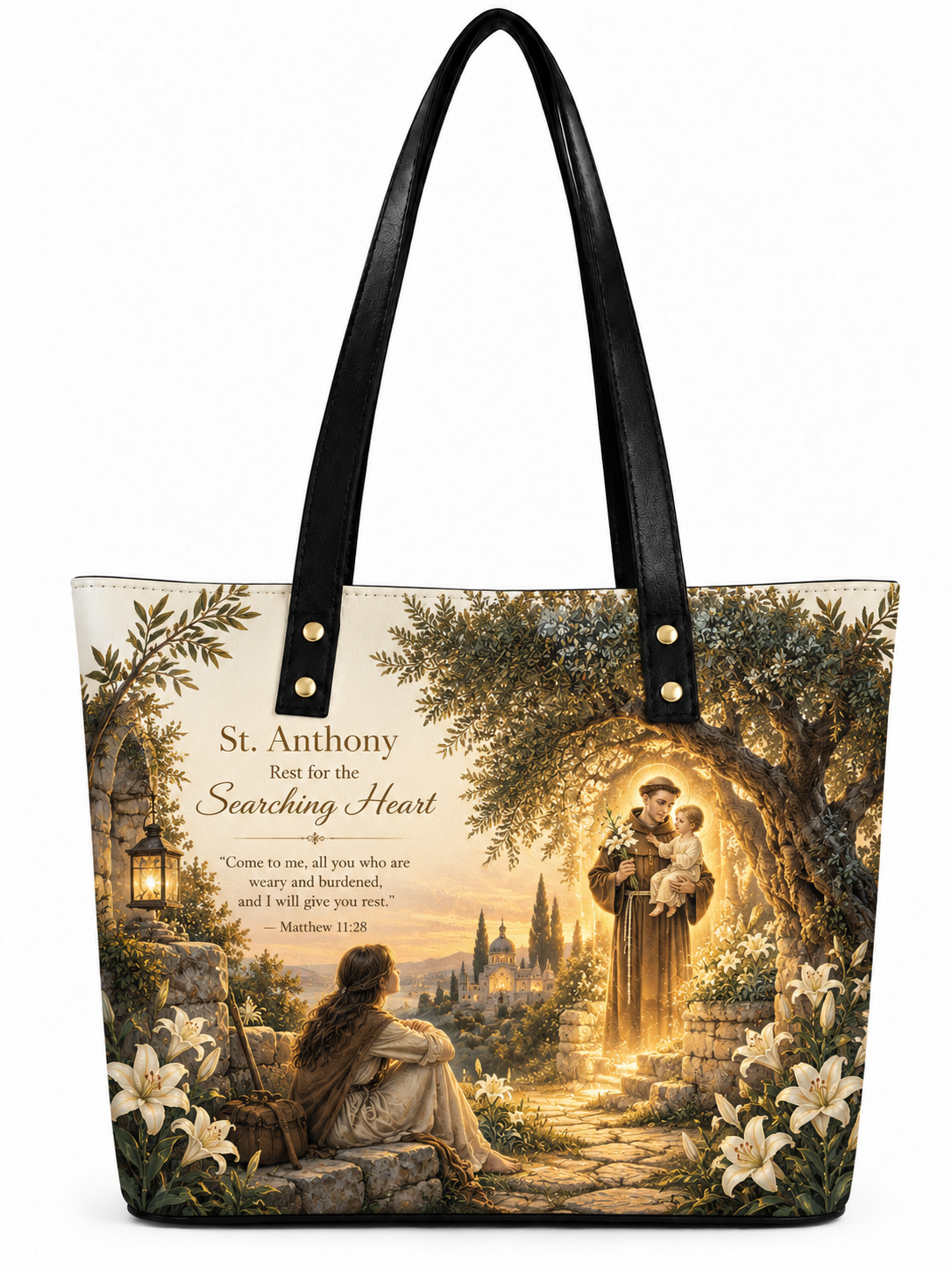 A large tote bag with black shoulder straps, featuring a detailed scenic print on the front. The artwork shows St.