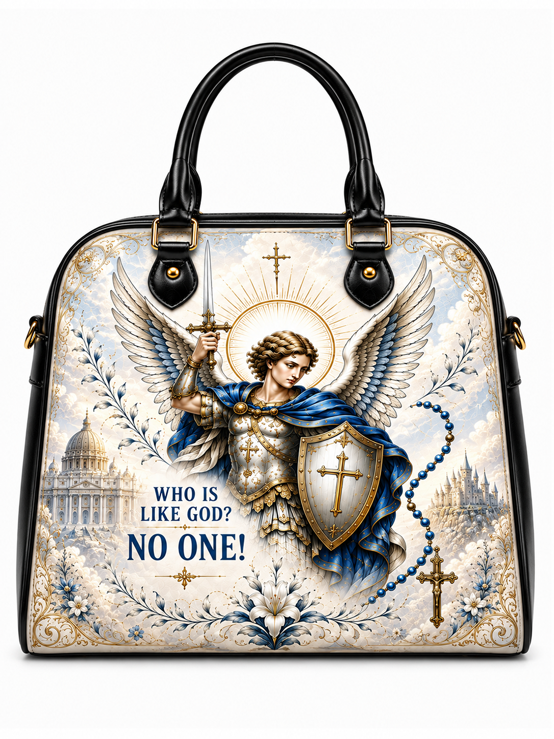 A structured black handbag with a large front graphic print featuring an angel with wings, a sword, shield, rosary, and the text 'WHO IS LIKE GOD? NO ONE!'. The bag has two black top handles, gold-tone hardware, and a white background.