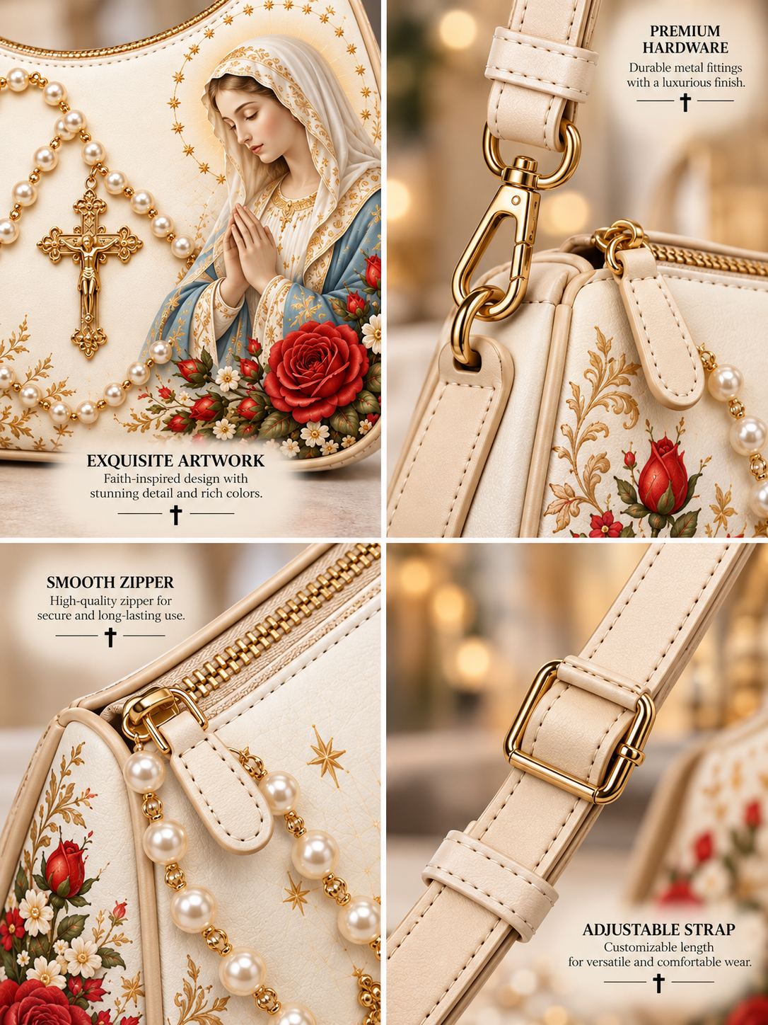 Holy Rosary Our Lady Prayer In Bloom Crescent Bag