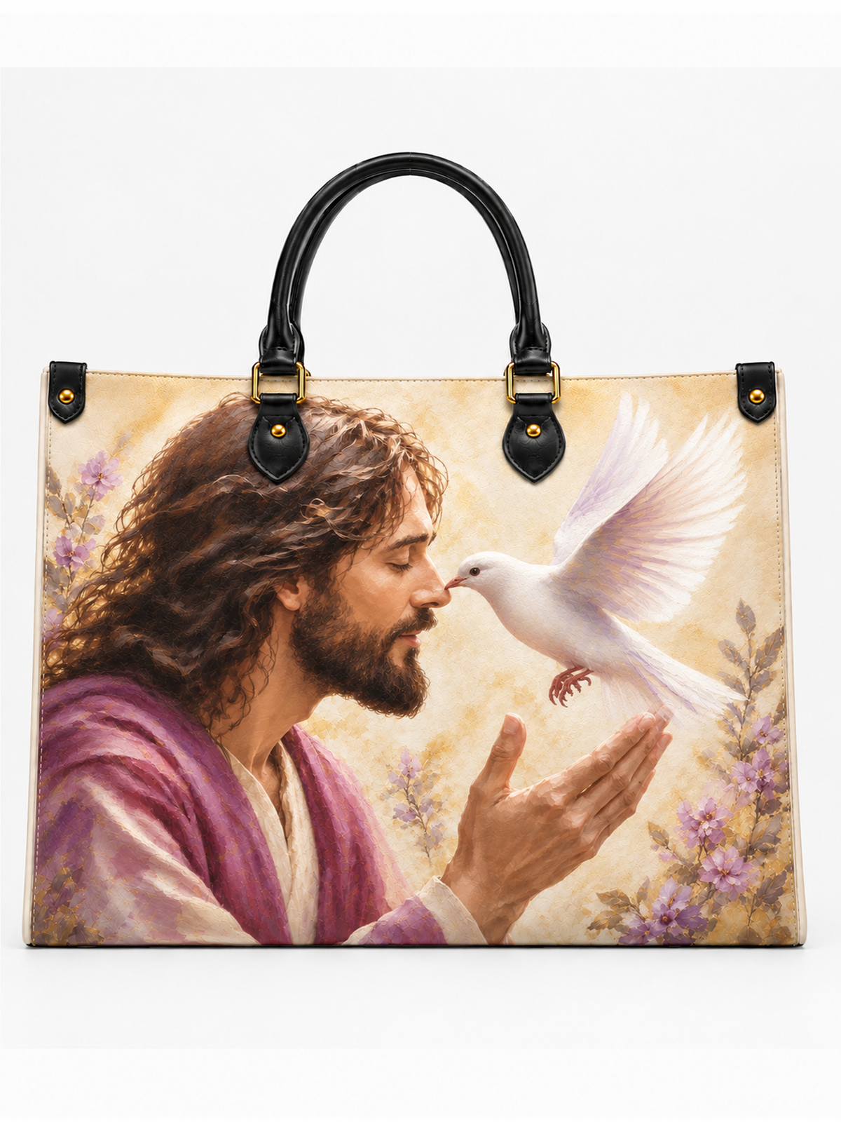 A large tote bag featuring a printed religious illustration of Jesus in a purple robe touching the head of a white dove, with purple flowers around them. The bag has black double top handles with gold-tone hardware and is shown against a plain white background.