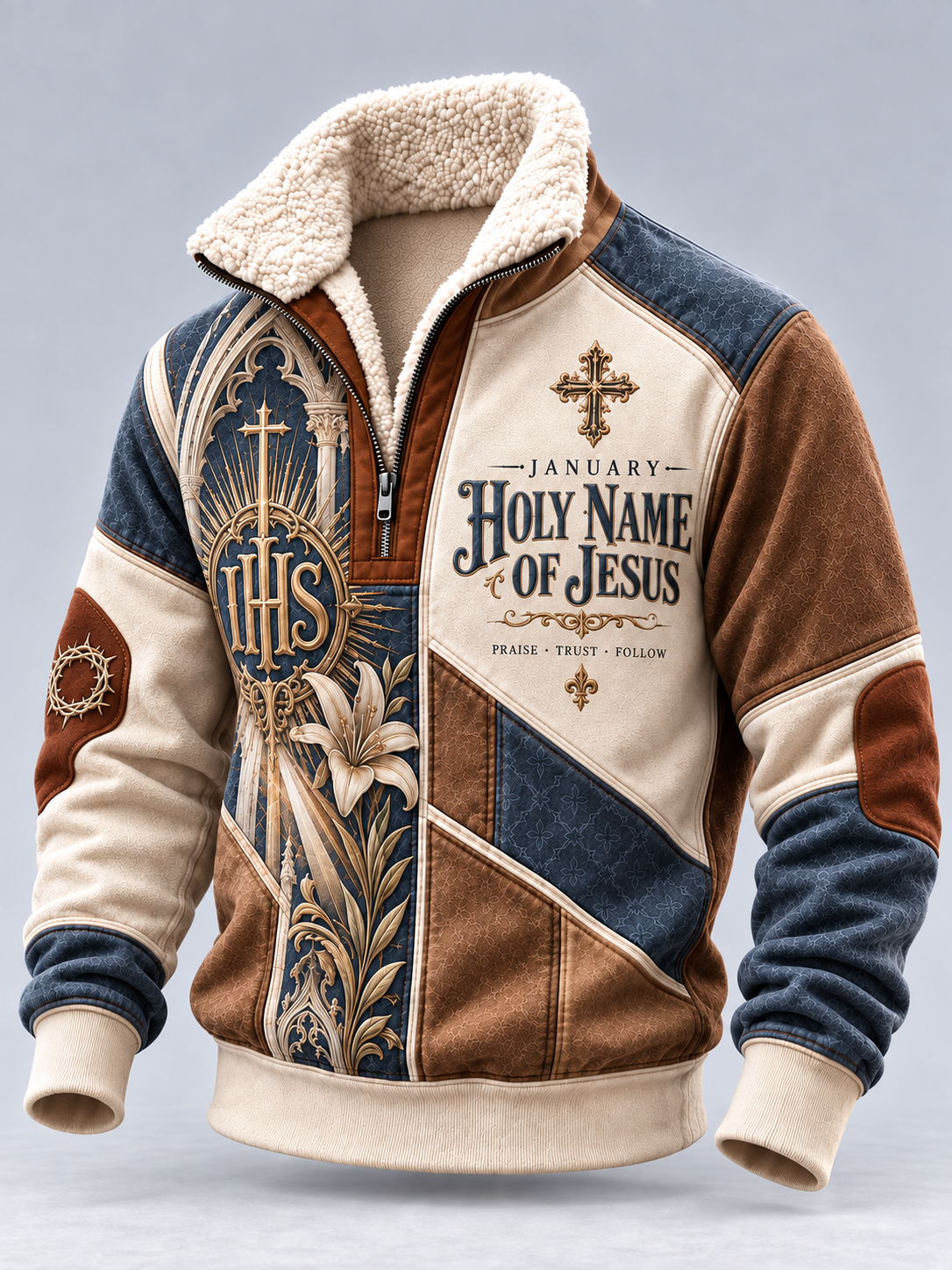 A fleece-lined quarter-zip jacket with a color-blocked design in brown, navy blue, and cream. The front features religious graphics, including 'IHS', a lily flower, and 'Holy Name of Jesus' text with a cross.