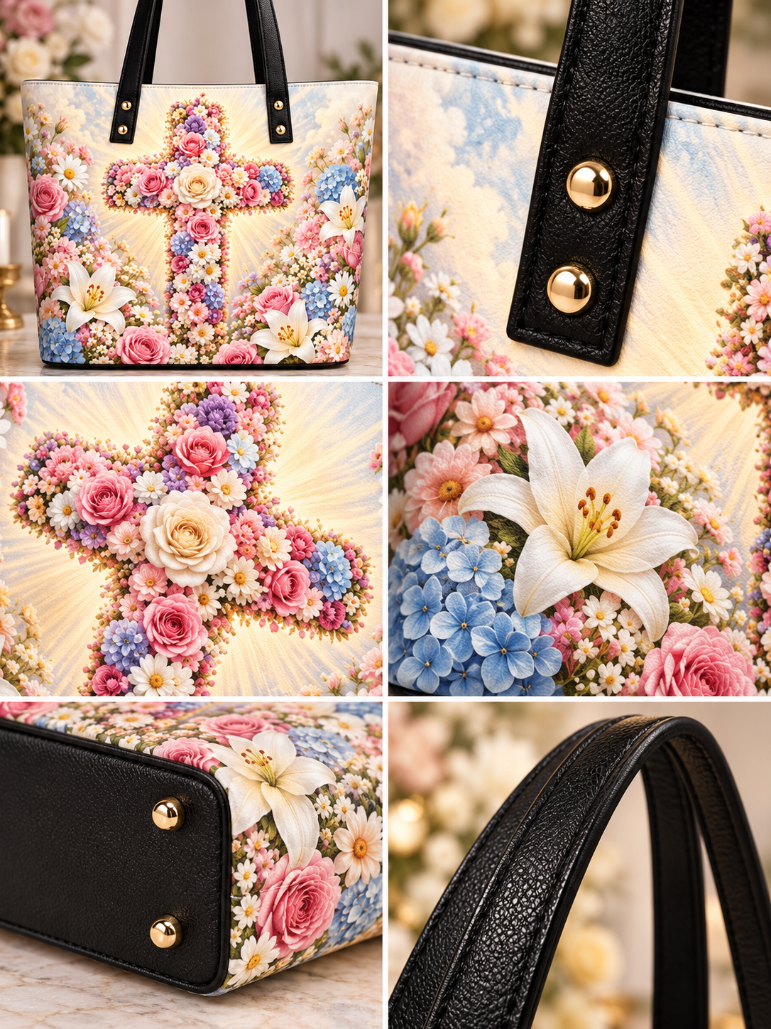 A collage showing multiple views of a floral tote bag with a large cross design. The bag has a cream background with pink, blue, yellow, and white flowers, black handles, and gold-tone hardware.