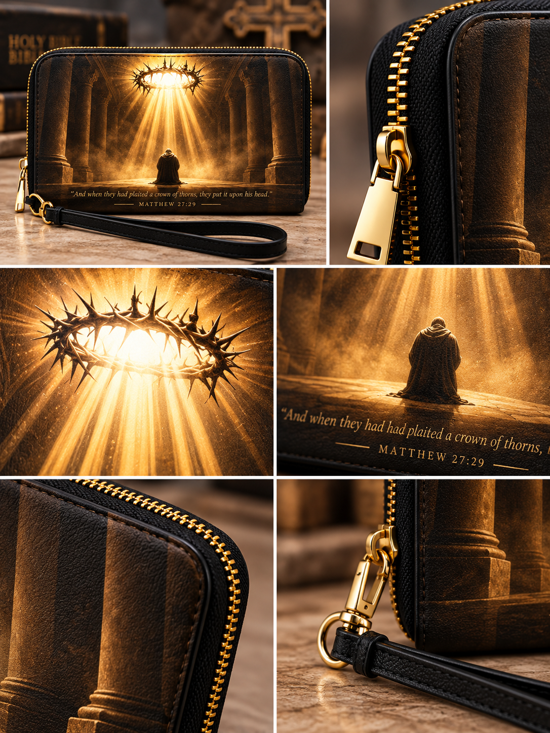 A collage showing a black zip-around wristlet wallet with a printed religious scene in warm gold and brown tones. The design depicts a figure under a crown of thorns with rays of light, a Bible verse from Matthew, and close-up views of the zipper, strap, and textured material.