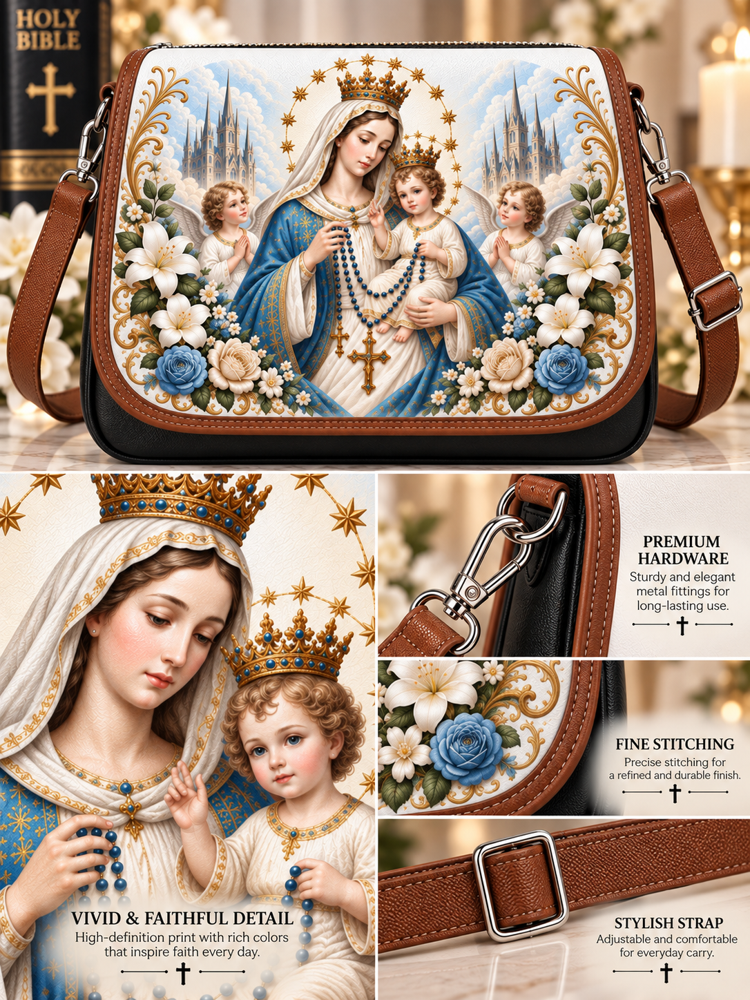 Holy Rosary Our Lady Crowned In Grace Saddle Bag