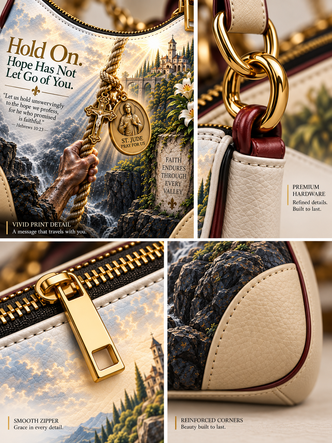 A four-panel product collage showing a handbag close-up with printed scenic artwork, a gold-tone zipper pull, chain hardware, and reinforced corners. Text callouts mention premium hardware, refined details, and smooth zipper detail.