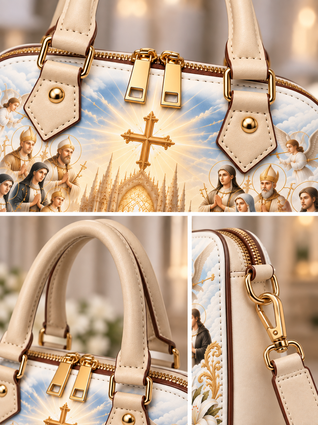 A close-up collage of a structured handbag with cream-colored faux leather handles and trim, gold-tone hardware, and a printed religious illustration panel featuring a cathedral, cross, angels, and saints on a blue sky background.
