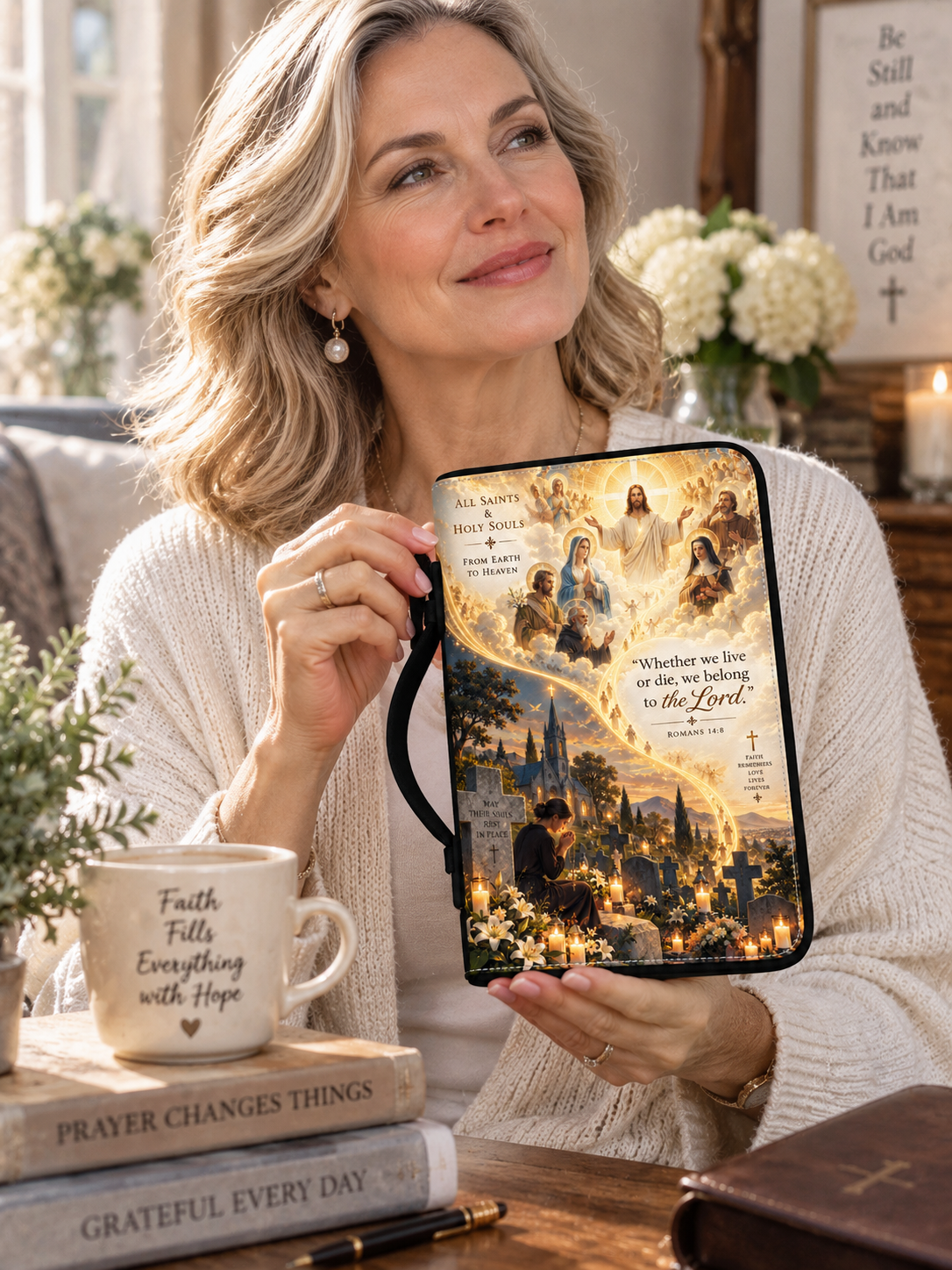 A woman in a cozy home setting holds up a tablet displaying a religious artwork with a cityscape, glowing figures, and the Bible verse 'What is we do in the world while we belong to the Lord?'.