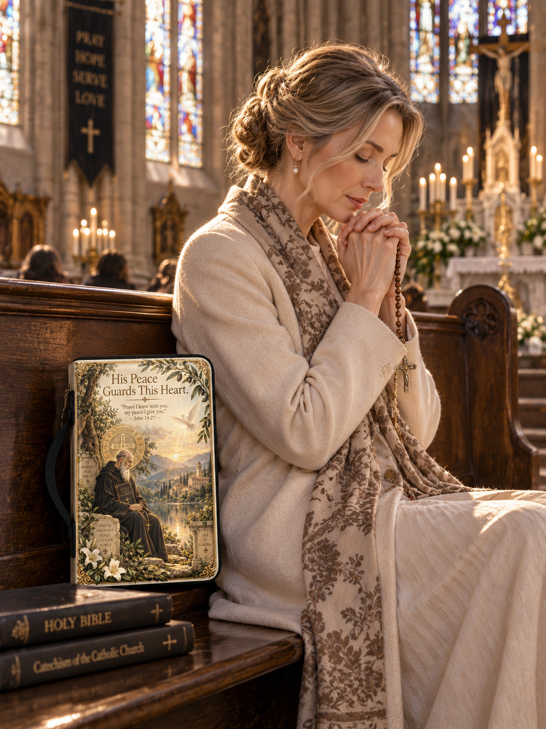 A hardcover journal or notebook with a black handle, featuring a detailed religious illustration on the cover. The artwork depicts a saint in a brown robe sitting by a lake, with a white dove, lilies, tombstones, and the text 'His Peace Guards This Heart' and a Bible.