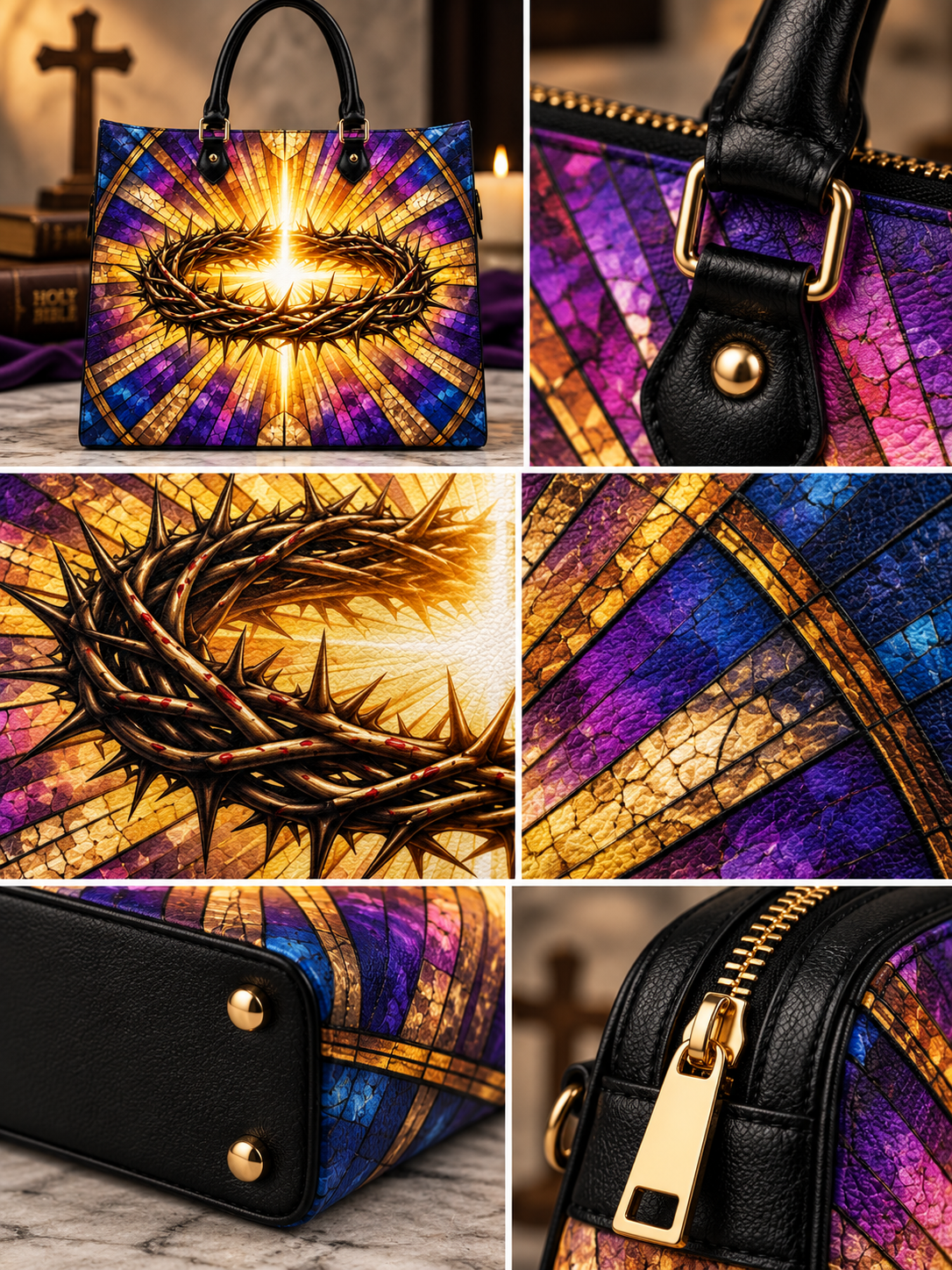 Crown of Thorns Radiant Stained Glass Leather Tote Bag