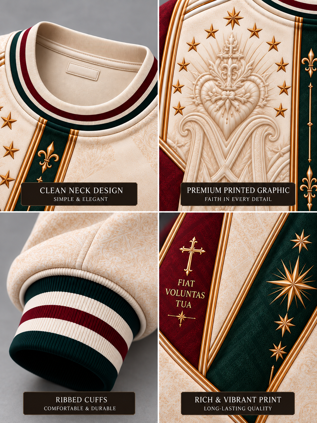Four-panel product detail collage of a cream-colored hoodie or sweatshirt, showing the clean neck design, premium printed graphic with gold stars and fleur-de-lis, ribbed cuffs with navy and burgundy stripes, and a rich printed panel with gold stars and a cross.