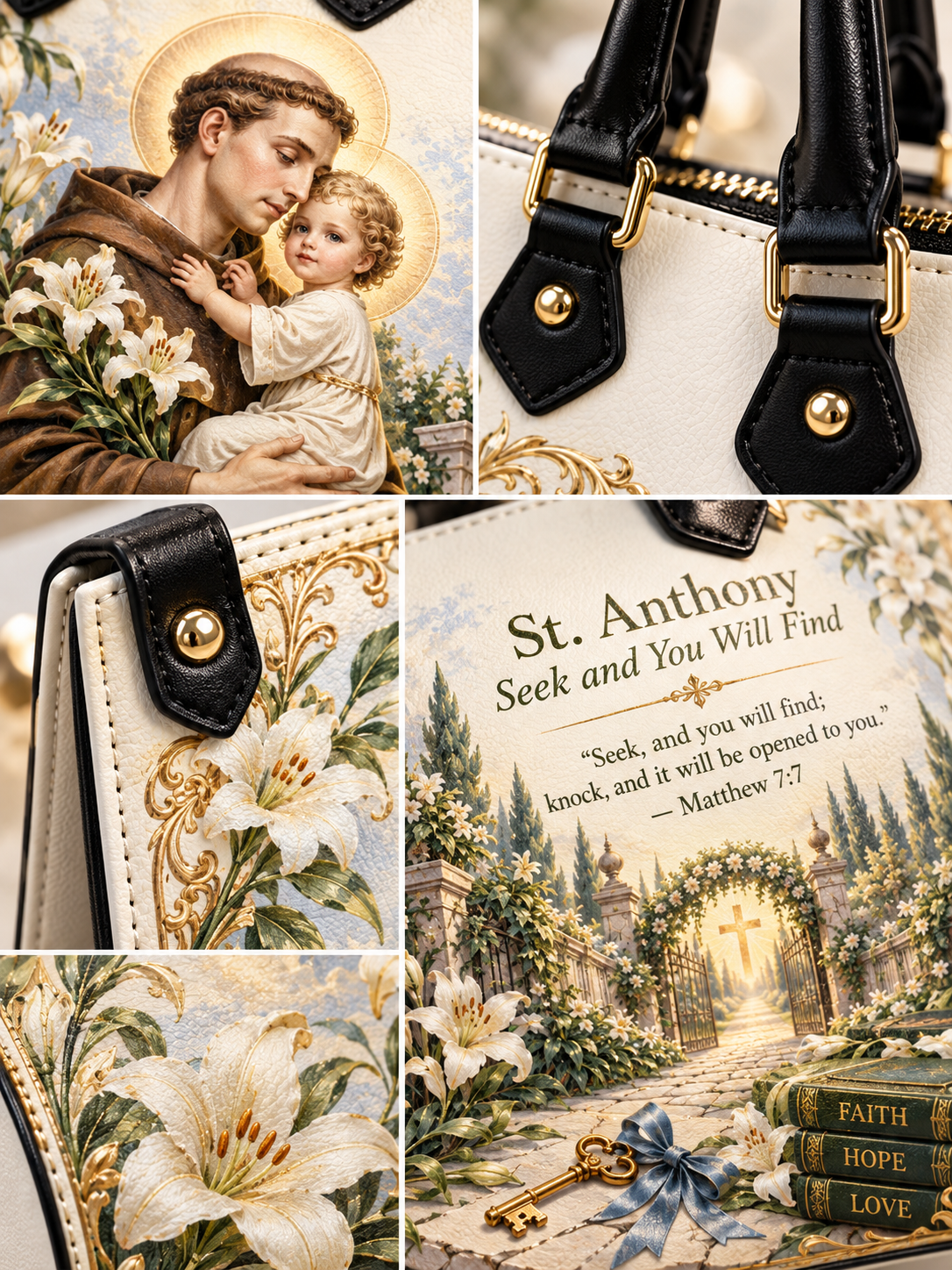A collage showing a decorative handbag and its details: a full view of the bag with floral and religious artwork, a close-up of black leather strap hardware, a close-up of the white body with gold floral embroidery, and a printed panel reading “St. Anthony Seek and You Will Find” with an illustrated garden scene and key.