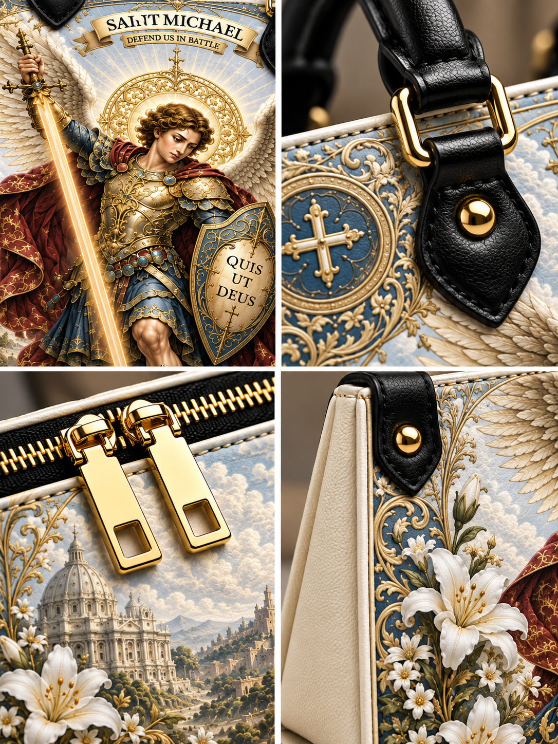 St. Michael Defend Us In Battle Leather Tote Bag