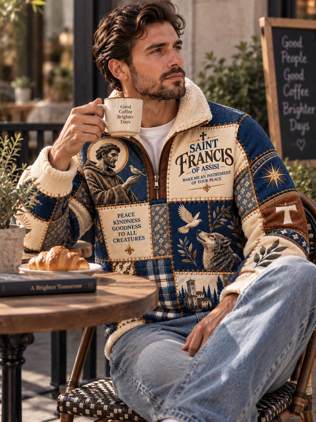 A man sitting in a cafe wearing a detailed Saint Francis of Assisi patchwork fleece jacket, holding a white coffee mug. The jacket features a blue and beige patchwork design with religious illustrations and text.