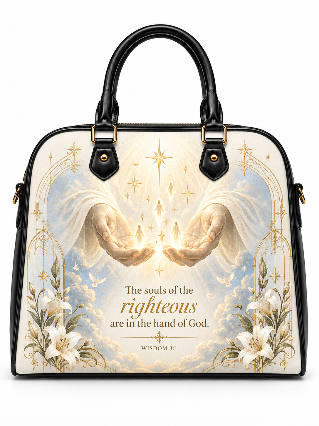 A structured black handbag with a large front print showing two angel hands holding glowing stars and souls, surrounded by clouds, lilies, and the text 'The souls of the righteous are in the hand of God, WISDOM 3:11'.