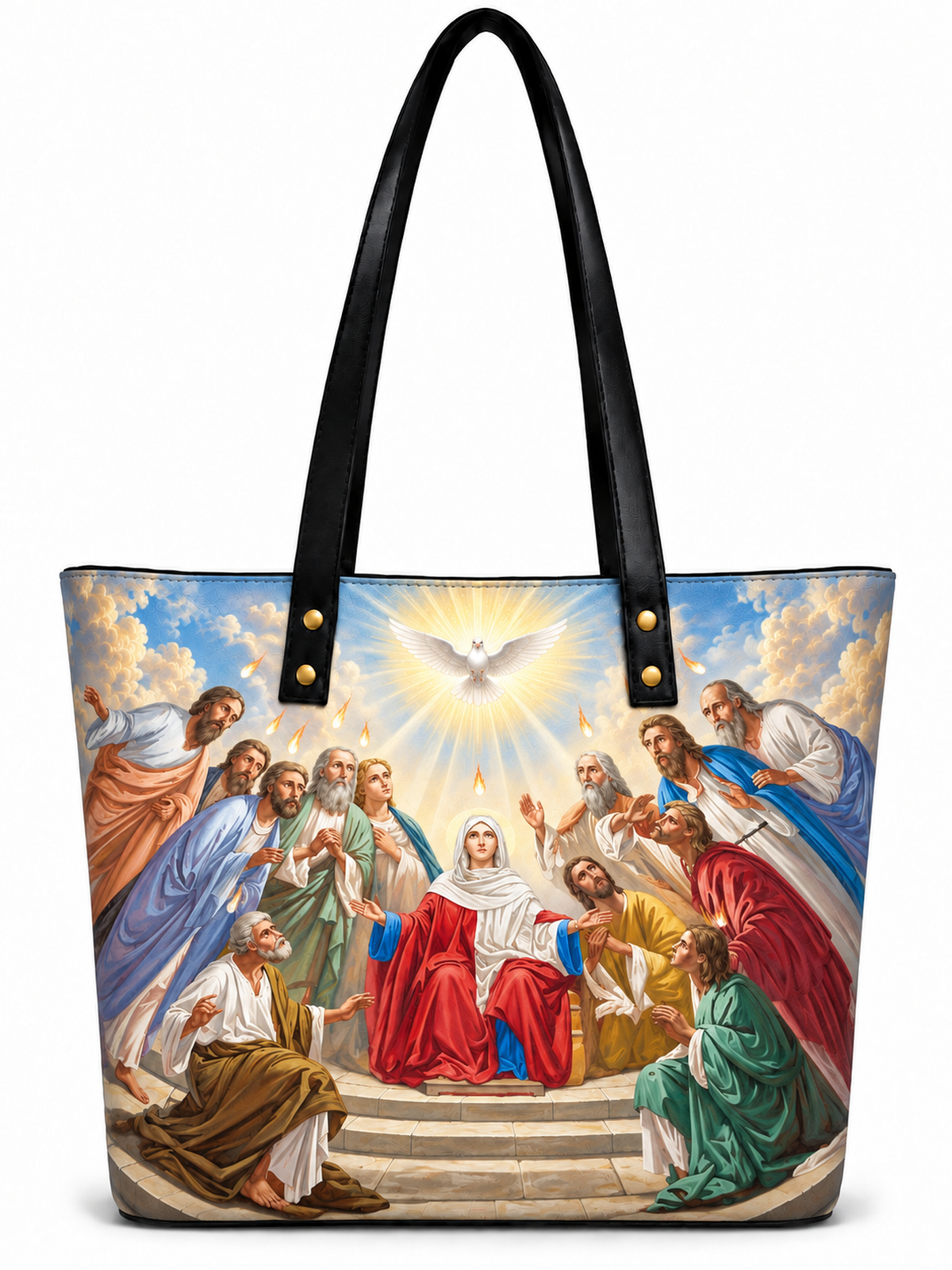 A tote bag with black shoulder straps and a large printed religious scene on the front, showing Jesus and disciples under a dove of light, on a white background.