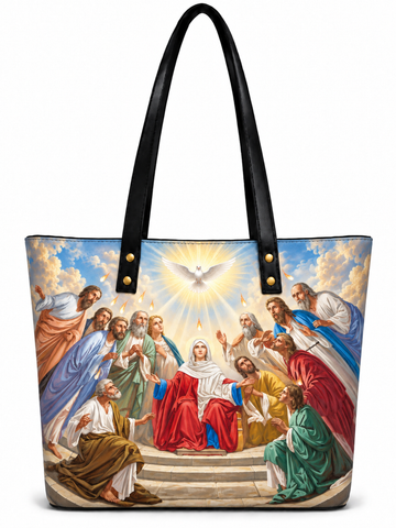 A tote bag with black shoulder straps and a large printed religious scene on the front, showing Jesus and disciples under a dove of light, on a white background.