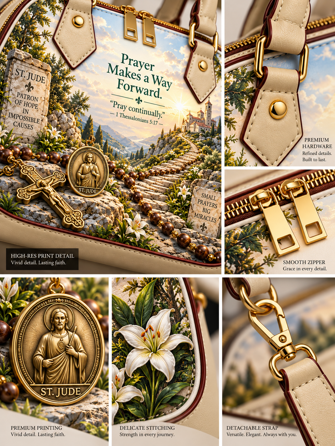 A collage showing a decorative handbag and close-up detail panels. The main panel displays the bag with a scenic print featuring a mountain landscape, prayer ropes, tombstones, and the text 'Prayer Makes a Way Forward.