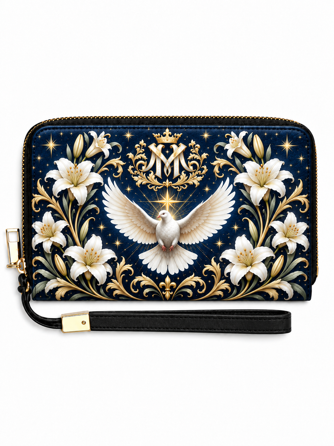 A zip-around wristlet clutch with a black leather wrist strap, featuring a navy blue background decorated with white lilies, a white dove, gold baroque flourishes, and a central gold monogram crest.