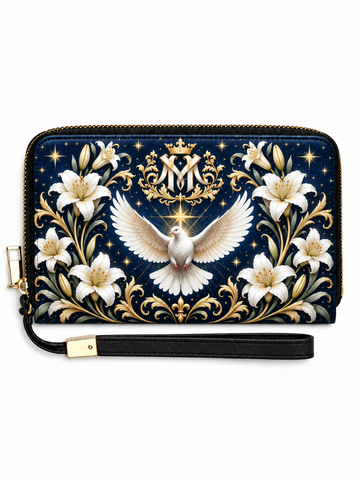 A zip-around wristlet clutch with a black leather wrist strap, featuring a navy blue background decorated with white lilies, a white dove, gold baroque flourishes, and a central gold monogram crest.
