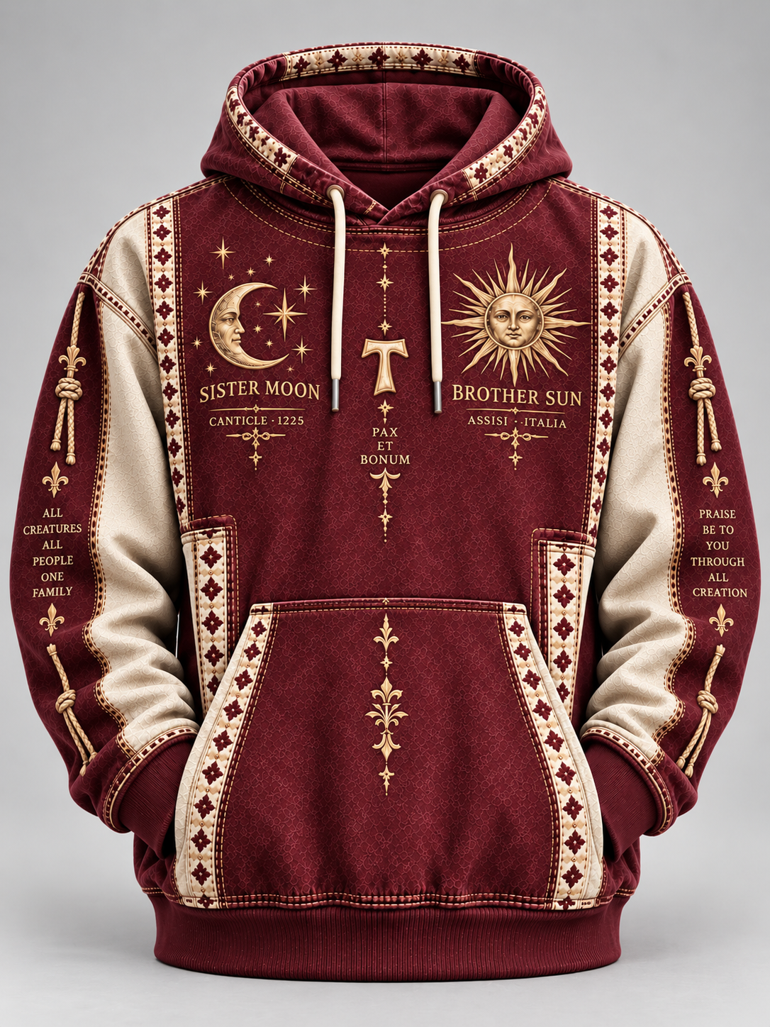 A pullover hoodie with a deep burgundy and beige color scheme, decorated with celestial graphics including a crescent moon, stars, a sun, and text reading 'Sister Moon' and 'Brother Sun'.