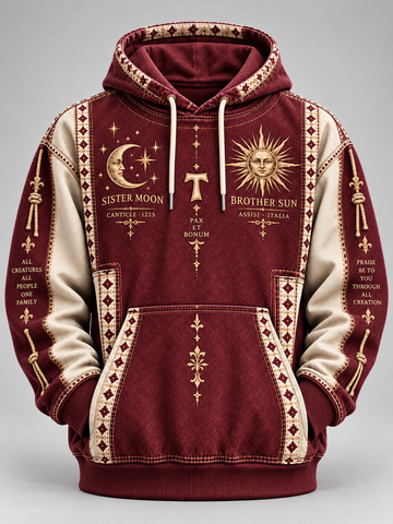 A pullover hoodie with a deep burgundy and beige color scheme, decorated with celestial graphics including a crescent moon, stars, a sun, and text reading 'Sister Moon' and 'Brother Sun'.