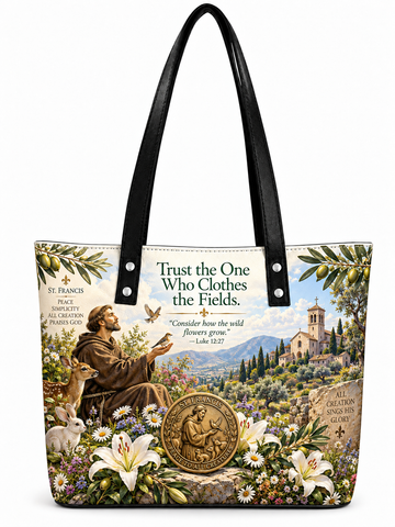 A tote bag featuring a detailed religious illustration of Saint Francis of Assisi in a pastoral landscape with flowers, a church, and a gold medallion. The bag has black shoulder straps and a printed quote on the front.