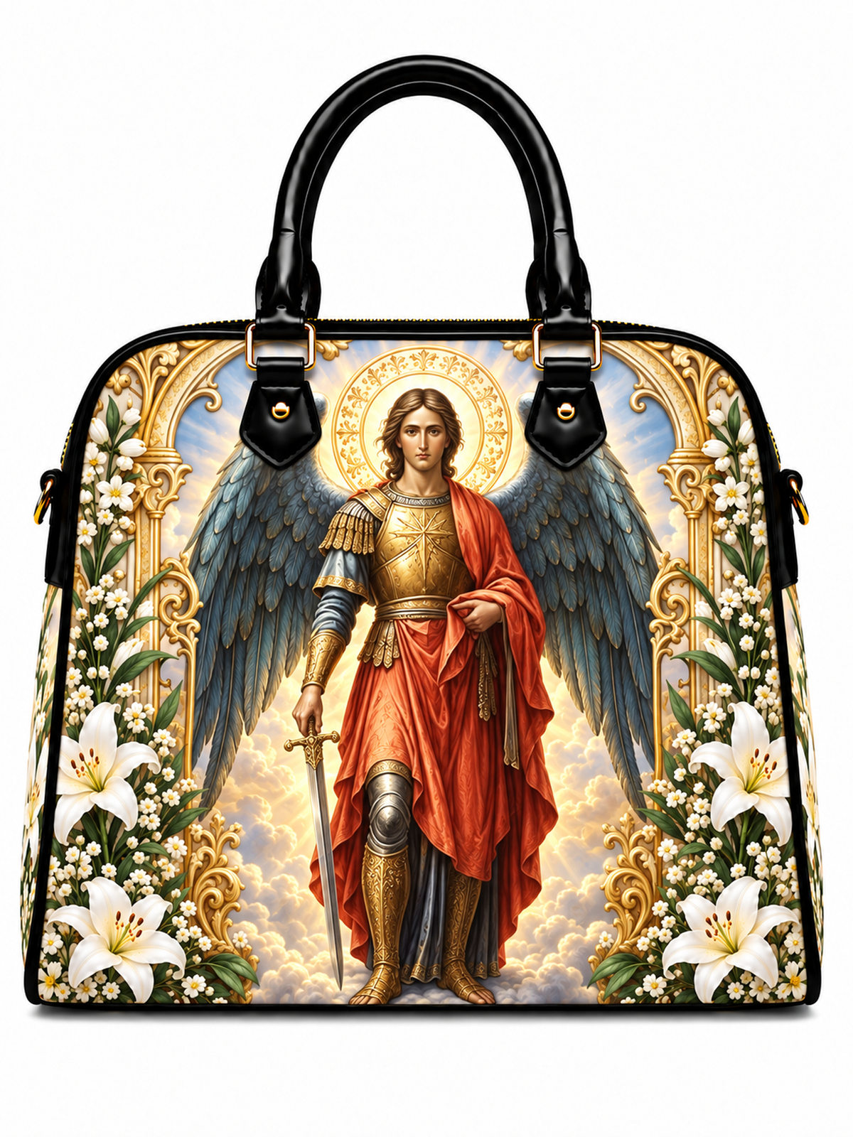 A structured black handbag with dual top handles, featuring a large printed religious artwork of a winged angel in gold armor and red robes, surrounded by white lilies and gold decorative motifs on a white background.