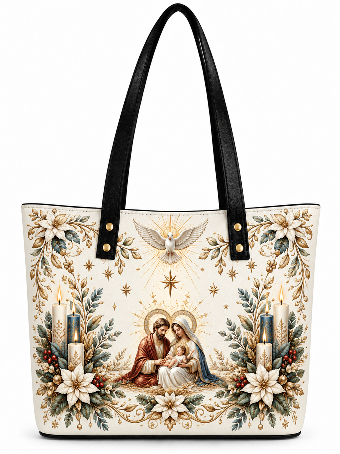 A structured tote bag with black faux-leather shoulder straps and a detailed Christmas-themed print on a cream background. The print features a central religious scene of the Holy Family, flanked by candles, gold stars, and floral wreaths.